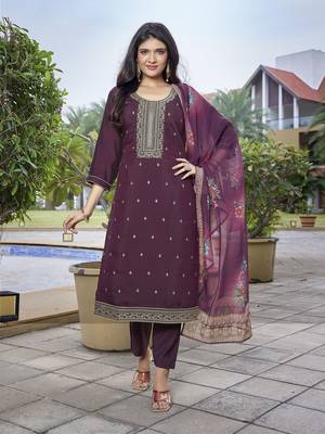 Wine viscosee chanderi beautiful partywear suit 1