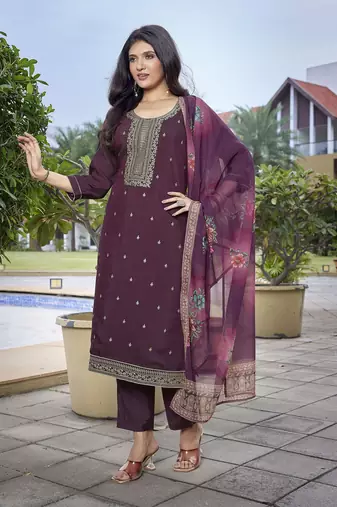 Wine viscosee chanderi beautiful partywear suit