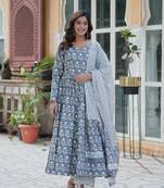 Grey cotton fabric summer special designer printed anarkali style dress