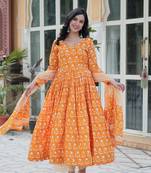 Orange cotton fabric summer special designer printed anarkali style dress