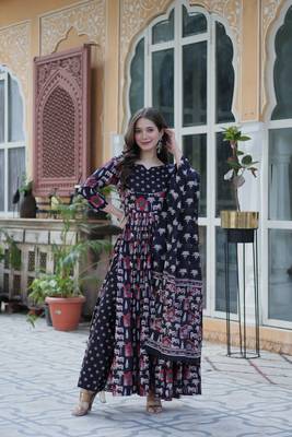 Black designer printed cotton fabric anarkali dress for ceremonial looks 1