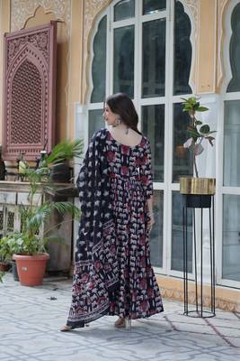 Black designer printed cotton fabric anarkali dress for ceremonial looks 2