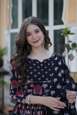 Black designer printed cotton fabric anarkali dress for ceremonial looks 3