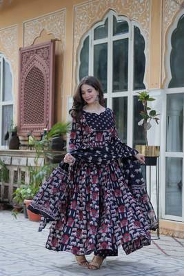 Black designer printed cotton fabric anarkali dress for ceremonial looks 4