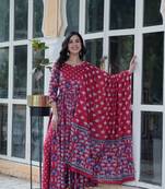 Maroon designer printed cotton fabric anarkali dress for ceremonial looks