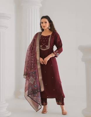 Brown beautiful viscose chanderi fabric designer embroidery work casual suit for girls 1