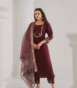 Brown beautiful viscose chanderi fabric designer embroidery work casual suit for girls