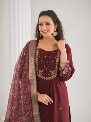 Brown beautiful viscose chanderi fabric designer embroidery work casual suit for girls 3