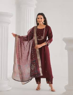 Brown beautiful viscose chanderi fabric designer embroidery work casual suit for girls 4