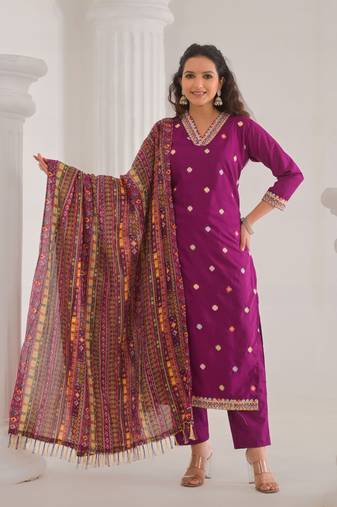 Purple beautiful viscose chanderi fabric designer embroidery work casual suit for girls