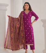 Purple beautiful viscose chanderi fabric designer embroidery work casual suit for girls