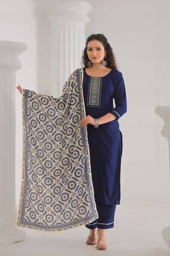 Blue beautiful viscose chanderi fabric designer embroidery work casual suit for girls