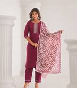 Wine beautiful viscose chanderi fabric designer embroidery work casual suit for girls