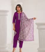 Purple beautiful viscose chanderi fabric designer embroidery work casual suit for girls