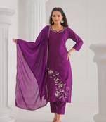 Purple beautiful viscose rayon fabric designer embroidery work casual suit for girls