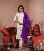 White beautiful viscose rayon fabric designer embroidery work casual suit for girls