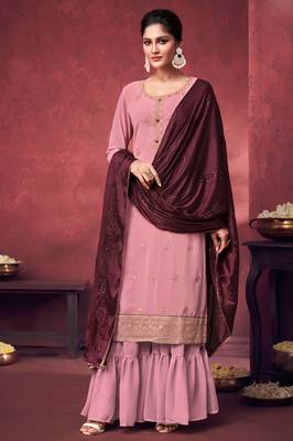 Pink embroidery sequins georgette straight sharara- full stitched 1