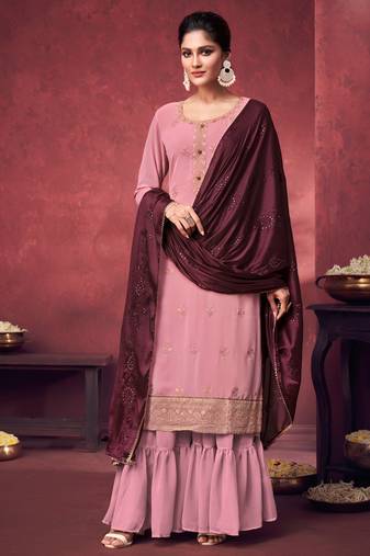 Pink embroidery sequins georgette straight sharara- full stitched