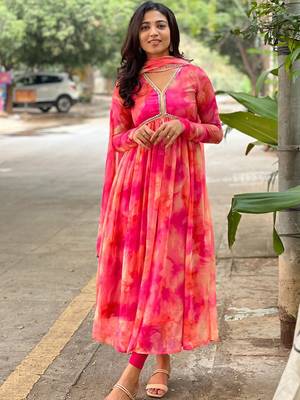 Beautiful pink ceremonial dress with designer printed work on georgette fabric 1
