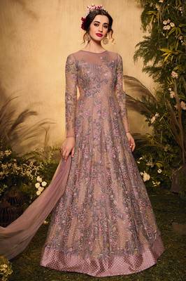 Rose gold embroidery stone sequin net anarkali churidar - full stitched 1