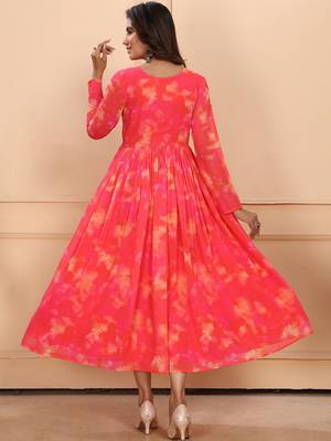 Beautiful pink ceremonial dress with designer printed work on georgette fabric 2