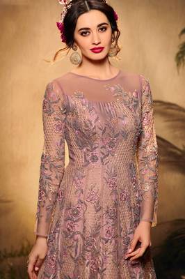Rose gold embroidery stone sequin net anarkali churidar - full stitched 2