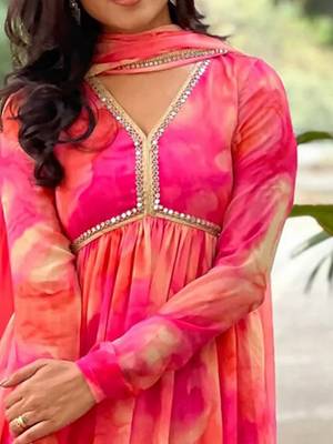 Beautiful pink ceremonial dress with designer printed work on georgette fabric 3