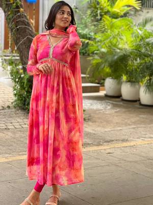 Beautiful pink ceremonial dress with designer printed work on georgette fabric 4