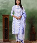 Beautiful white & blue ceremonial dress with designer printed work on viscose fabric
