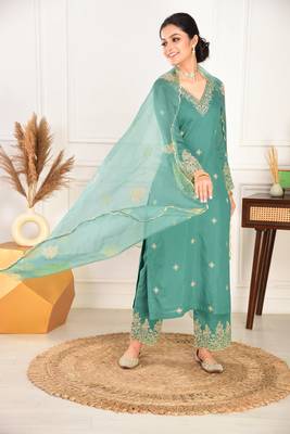 Beautiful pine green ceremonial dress with embroidered on viscosee chanderi  1