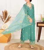 Beautiful pine green ceremonial dress with embroidered work work on viscosee chanderi fabric