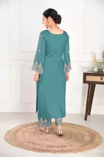 Beautiful pine green ceremonial dress with embroidered on viscosee chanderi 