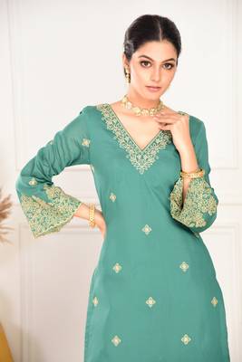Beautiful pine green ceremonial dress with embroidered on viscosee chanderi  3