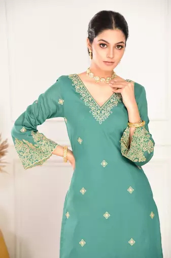 Beautiful pine green ceremonial dress with embroidered on viscosee chanderi 
