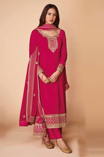 Pink embroidery, sequins work georgette straight palazzo - full stitched