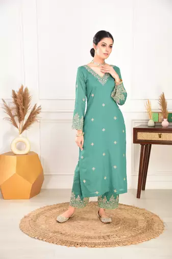 Beautiful pine green ceremonial dress with embroidered on viscosee chanderi 