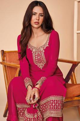 Pink embroidery, sequins work georgette straight palazzo - full stitched 2