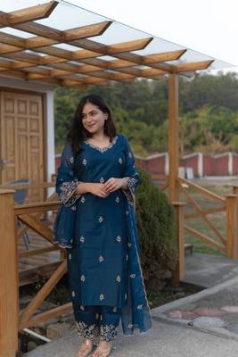 Beautiful teal blue ceremonial dress with embroidered on viscosee silk  1
