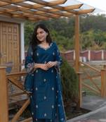 Beautiful teal blue ceremonial dress with embroidered work work on viscosee silk fabric