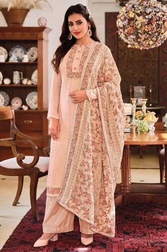 Peach embroidery, sequins work chinon straight palazzo - full stitched