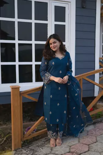 Beautiful teal blue ceremonial dress with embroidered on viscosee silk 