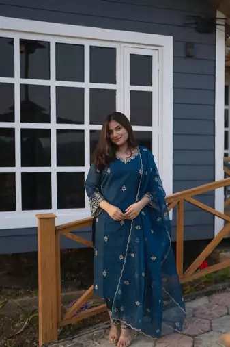 Beautiful teal blue ceremonial dress with embroidered on viscosee silk 