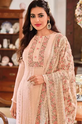 Peach embroidery sequins work chinon straight palazzo - full stitched