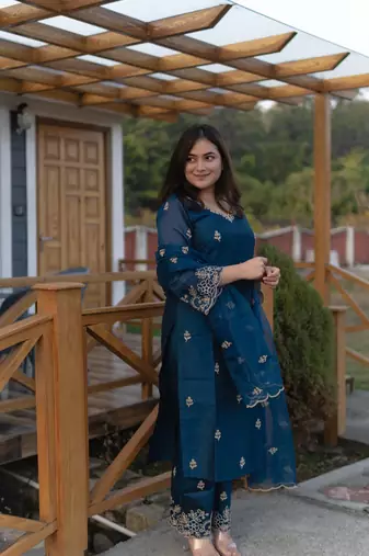 Beautiful teal blue ceremonial dress with embroidered on viscosee silk 