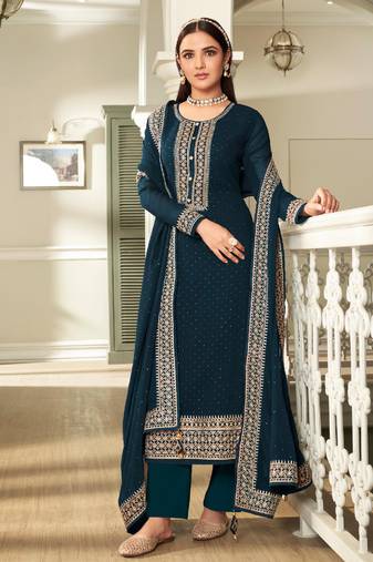 Blue embroidery, sequins work georgette straight palazzo - full stitched