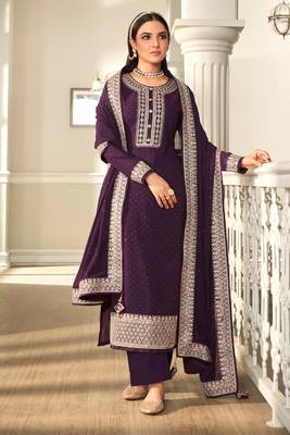 Purple embroidery sequins work georgette straight palazzo - full stitched 1