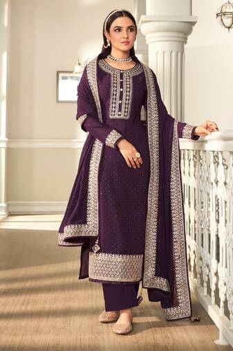 Purple embroidery, sequins work georgette straight palazzo - full stitched