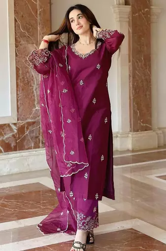 Beautiful wine ceremonial dress with embroidered on viscosee silk 