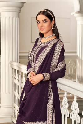 Purple embroidery sequins work georgette straight palazzo - full stitched 2