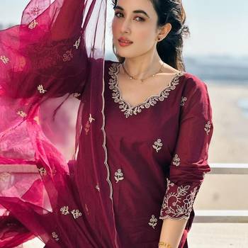 Beautiful wine ceremonial dress with embroidered on viscosee silk  4